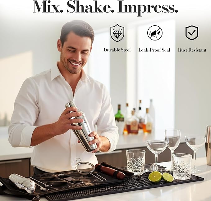 Bartender Kit & Cocktail Shaker – 10-Piece Stainless Steel Drink Mixer Set with Jigger, Strainer, Muddler & Bar Spoon, Travel Bag Included – Essential Home Bar Accessories