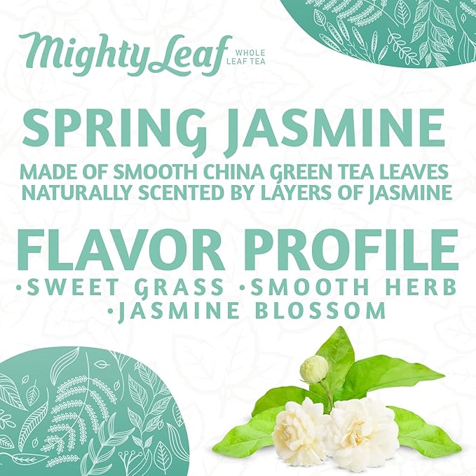 Mighty Leaf Organic Spring Jasmine Green Tea – 100 Count Premium Silken Tea Bags – Foil Wrapped for Freshness – Whole Leaf Green Tea with Floral Jasmine Aroma – USDA Organic Certified