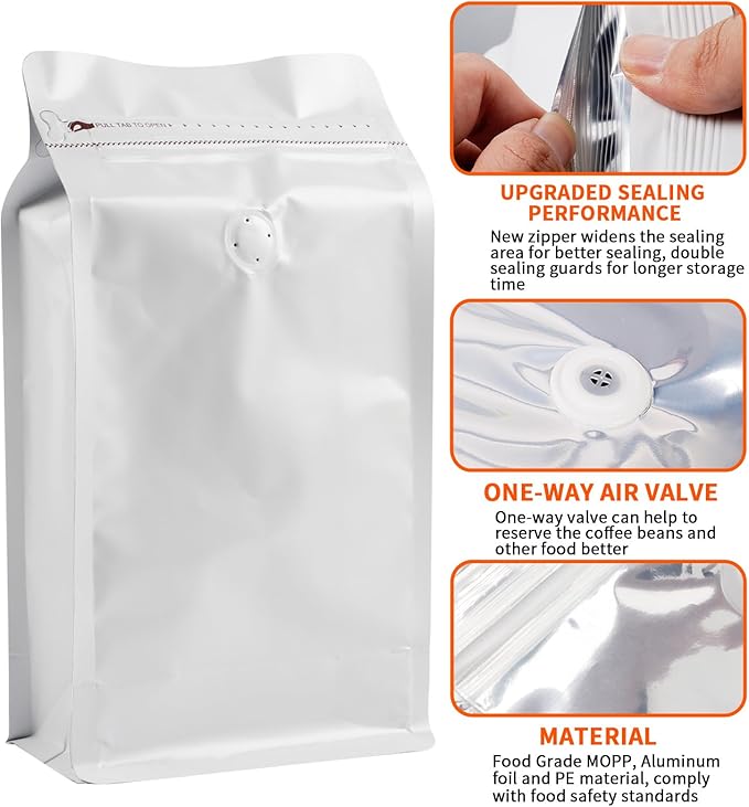 50 PCS Upgraded Coffee Bags with Valve (White, 8 oz/0.5 lb), Black High Barrier Aluminum Foil Flat Bottom Standing Coffee Bean Storage Bags, Heat Sealable Resealable Bag for Home.