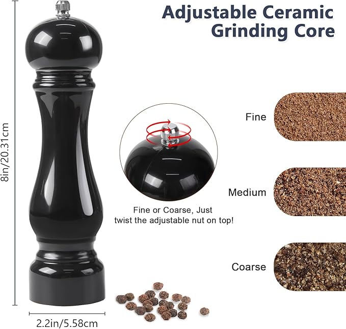 LHS Pepper Mill Grinder Salt Grinder, Arcylic Peppercorn Grinders with Adjustable Ceramic Grinding Core (8 Inch,Black)