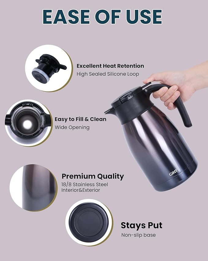 GiNT 51Oz Stainless Steel Thermal Coffee Carafe with Lid/Double Walled Vacuum Thermal Carafe / 12 Hour Heat Retention (Purple, 1.5L)
