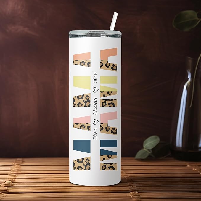 MAMA Cheetah Print 20oz Tumbler with Straw and Lid - Personalized Kids Names - Stainless Steel Tumbler - Mother's Day gift for women - Dishwasher safe