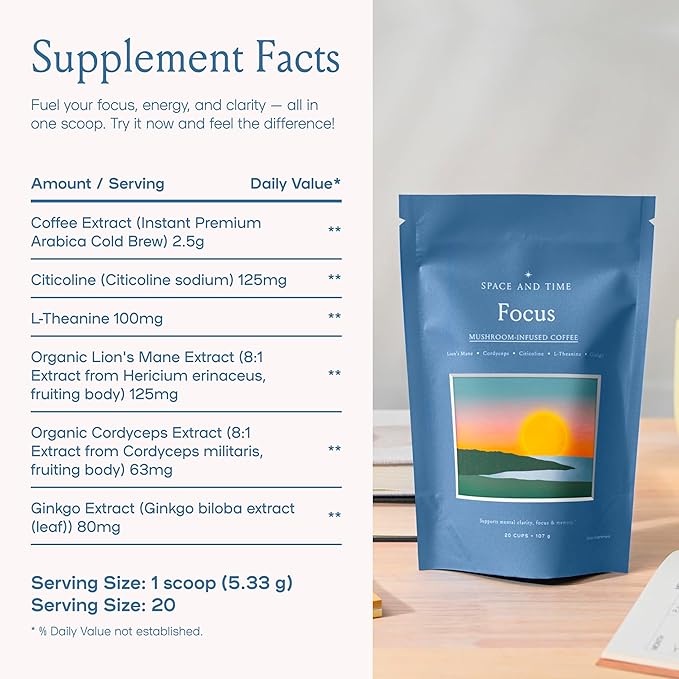 Mushroom Coffee, 20 Cups of Focus, Productivity & Clean Energy, Instant Mushroom Coffee with Lions Mane, Cordyceps and L-Theanine