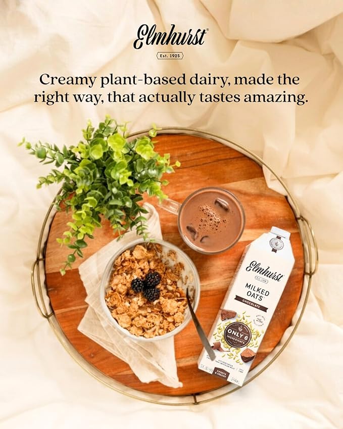 Elmhurst 1925 Chocolate Oat Milk - 32 Ounce (Pack of 6) Dairy-Free, Vegan, Kosher, Gluten-Free, Less Sugar, Shelf Stable Plant Based Milk Made with Whole Grain Oats & Cocoa for Smoothies & Baking