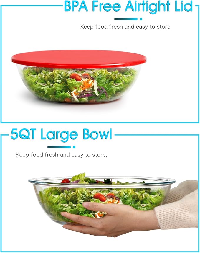 NUTRIUPS 5QT Large Tempered Glass Salad Bowl with Lid, 13 inch Clear Glass Bowls for Mixing, Prepping, Storage, Large Shallow Flat Bottom Bowl for Sourdough