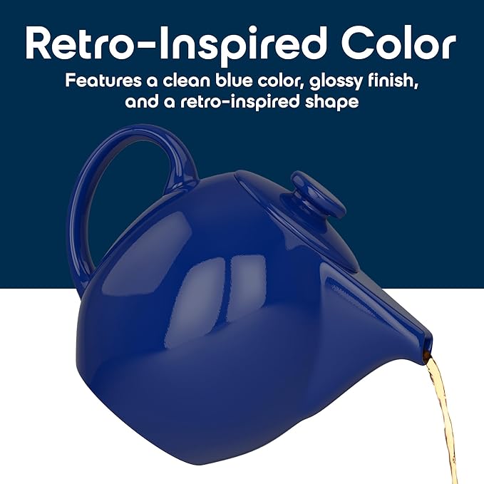 OmniWare 24 Ounce Teapot with Removable Stainless Steel Infuser (Simply Blue) - Loose Leaf Tea Brewer, Microwave & Dishwasher Safe, Retro-Inspired Stoneware for Kitchen & Dining