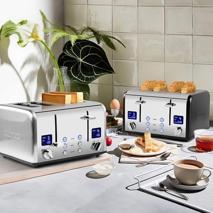 Stainless Steel Toaster, CUSIMAX 4 Slice Toaster with Smart LED Display, Exart Wide Slots, 6 Shade Settings, 1650 Watts, Bagel and Defrost Fuction, Cancel Button, Removable Crumb Trays