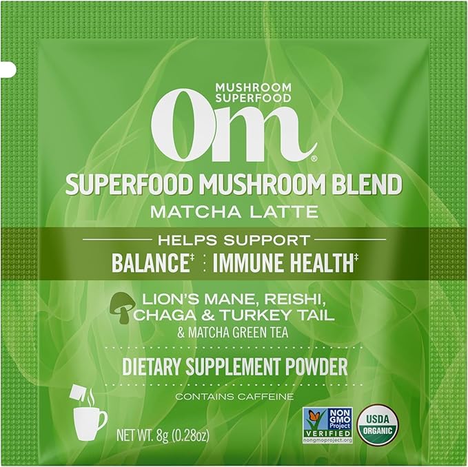 OM MUSHROOM SUPERFOOD Matcha Latte Blend – Green Tea Mushroom Powder with Lion’s Mane, Reishi, Chaga & Turkey Tail – Focus, Calm & Stress Support – Single Serve Packets (10 Count)