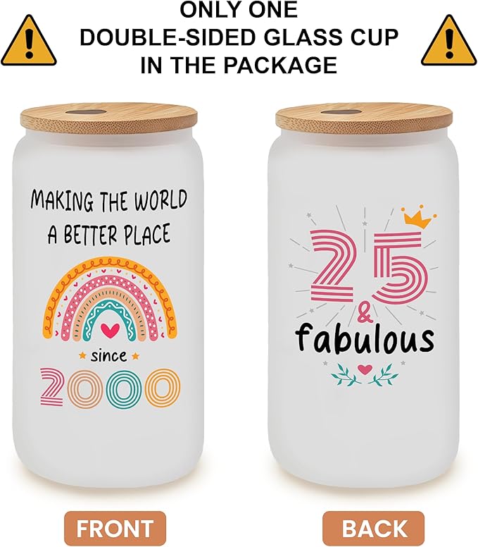 Vivulla68 25th Birthday Gifts For Her Him - Gift For 25 Year Old Female - Gifts For 25 year Old Woman Man - 25th Birthday Gifts Ideas - 25th Frosted Glass With Lid And Straw