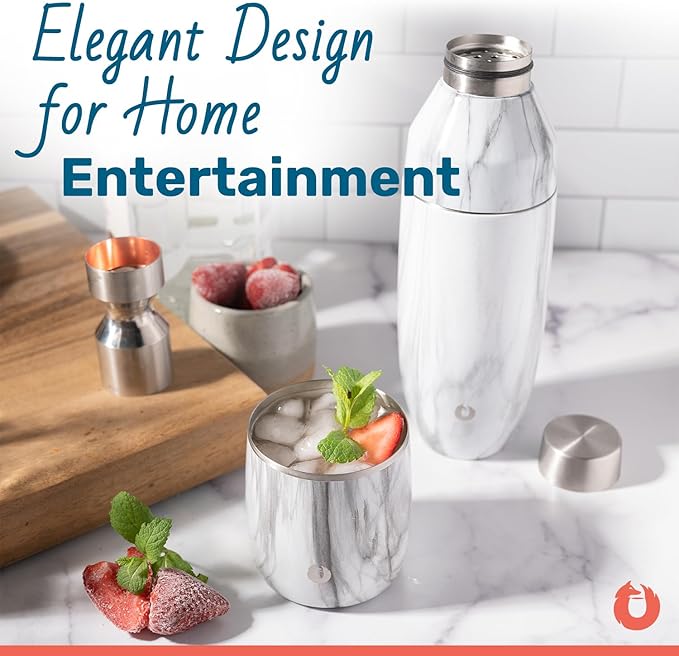 SNOWFOX Premium Vacuum Insulated Stainless Steel Cocktail Shaker, Home Bar Accessories, Elegant Drink Mixer, Leak, Proof Lid With Jigger & Built, In Strainer, Black/Gold, 22oz.