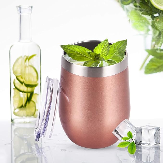 Lifecapido 4 Pack 12Oz Stainless Steel Stemless Wine Glasses, Insulated Wine Tumbler, Stainless Steel Wine Tumbler Cups with Lids and Straws for Coffee, Cocktails, Wine, Champaign, Rose Gold…