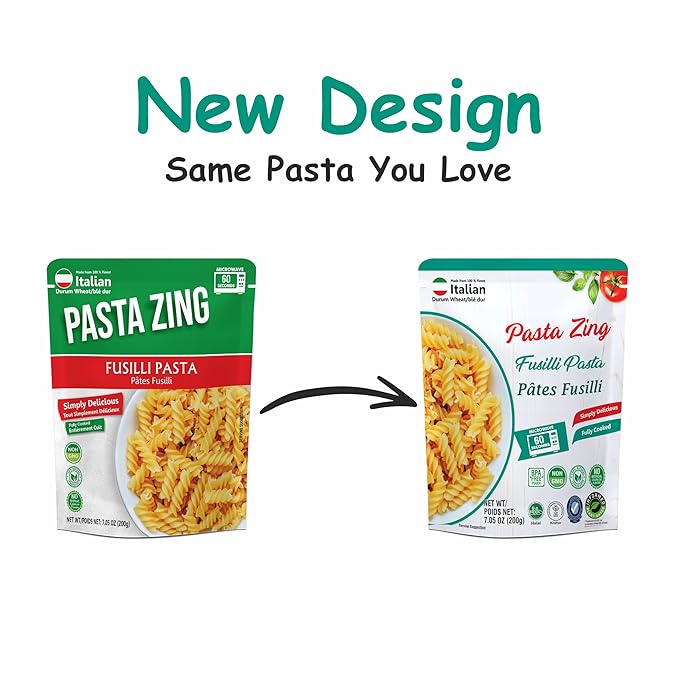 Pasta Zing Fusilli Pasta, Ready in 1 Minute, Perfect Al Dente Bite, 14g Protein & 4g Fiber, Naturally Cooked, Zero Sodium, Non-GMO, 7.05oz Pack of 7