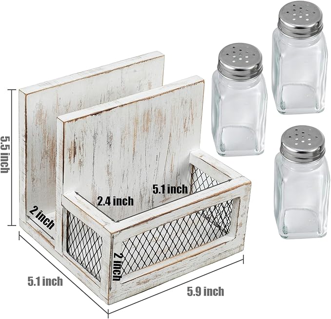 FARM IN Napkin Holder, Farmhouse Multifunctional Napkin Holder with Salt and Pepper Shakers Holder for Home and Commercial Use, Rustic Solid White Washed Wood & Diamond Metal Wire Mesh