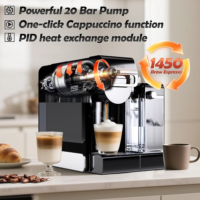 PULZO Espresso Machine with Integrated Automatic Milk Frother, capsule coffee maker for K*cup capsule/Ne*s Original/ground coffee, One Touch Latte & Cappuccino