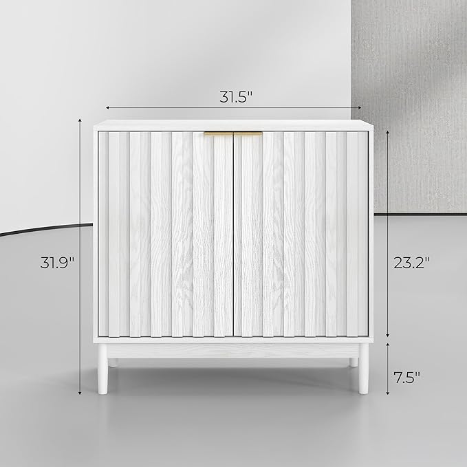 Fluted Cabinet with Storage, Buffet Cabinet Sideborad with 2 Doors, White Buffet Storage Accent Cabinets with Adjustable Shelves for Living Room, Entry, Hallway, Kitchen