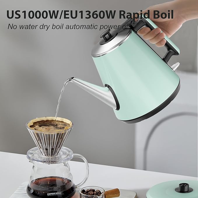 Small Electric Kettle 0.9L, 304 Stainless Steel Inner, 1000W Fast Boiling in 4-6 Mins, Vintage Compact Design with One Key Operation, Auto Shut Off, Dry Boil Protection, for Home, Office, Coffee Etc.