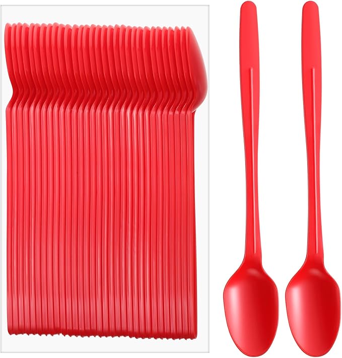 50 Pcs Extra Long Spoons for Ice Cream Floats Plastic Sundae Spoons Bulk 8 Inch Long Handle Spoon Heavy Duty for Ice Cream Milkshakes Tea Cocktails Root Beer Float and Tall Beverages (Red)