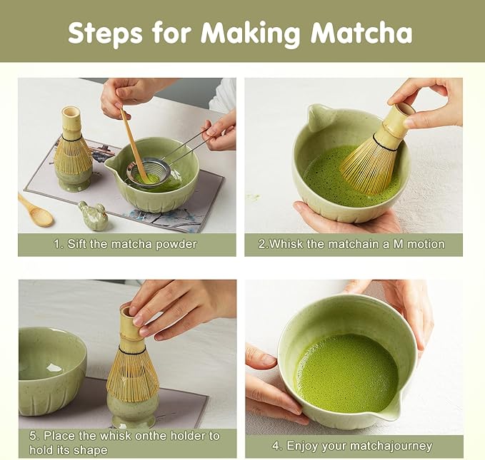 Matcha Whisk Set - 8PCS Japanese Tea Set Includes Matcha Bowl, Bamboo Whisk with Ceramic Holder, Bamboo Scoop, stainless steel sifter, tea towel, handle scoop,Matcha Kit for Ceremony(White/8PC)