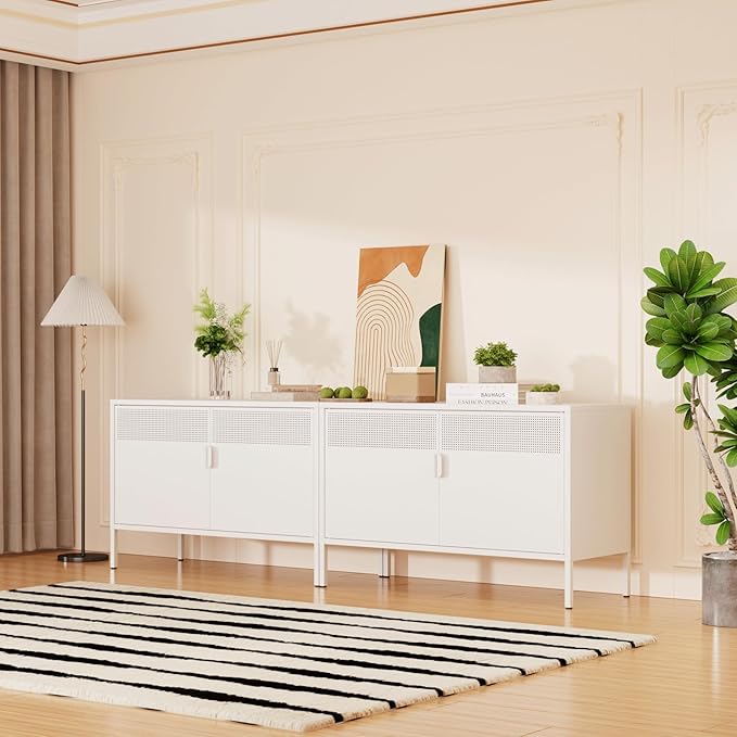 Metal Storage Cabinet,2 Door TV Stand, Metal Mesh Accent Cabinet,Magnetic Door Closure,Low Storage Cabinets with Doors and Shelf for Home,Office,Living Room