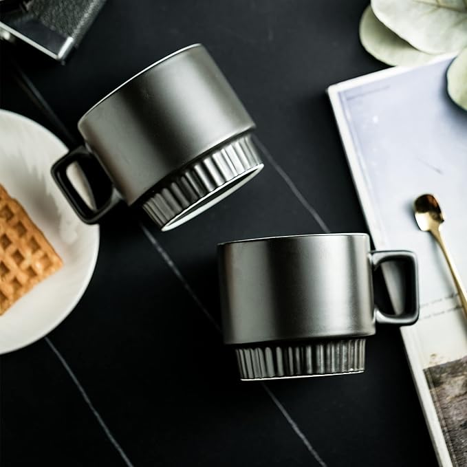 Stackable Coffee Mugs with Stand, 11oz Ceramic Latte Cup Set of 4 for Espresso Cappuccino Tea Hot Cocoa, Dishwasher & Microwave Safe, Black