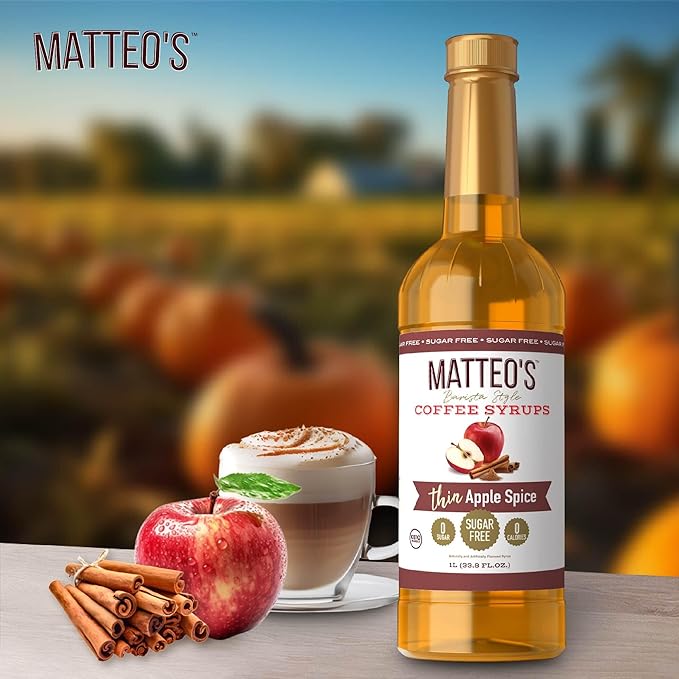 Matteo's Apple Spice Syrup for Coffee, Lattes, Cappuccinos & Desserts – Sugar-Free Sweetener for Beverages, Keto Friendly, Zero Calories, Indulgent Flavor, Non-Alcoholic, Ideal for Coffee 33.8oz (1pk)