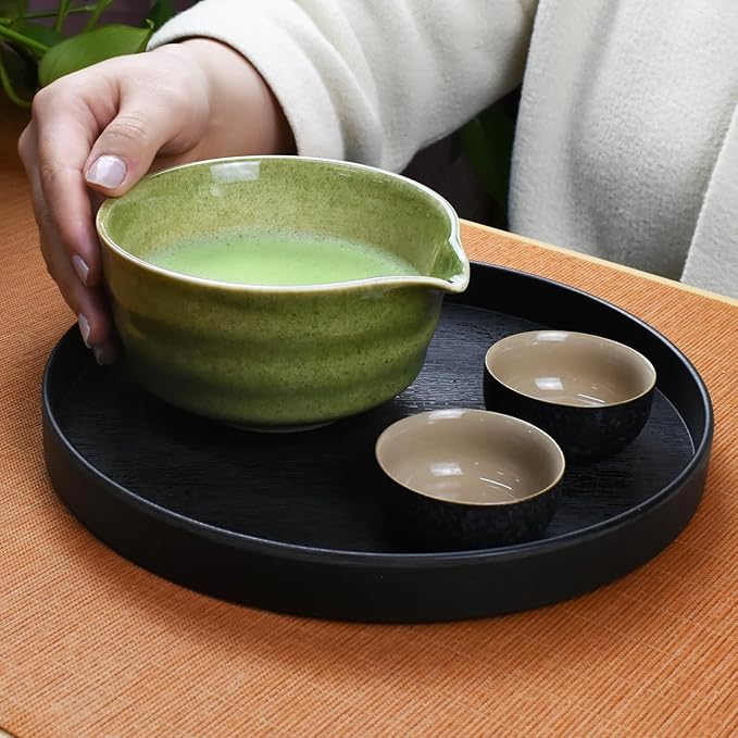 Artcome 7-Piece Matcha Tea Set - Complete Japanese Ceremony Kit with Bowl, Whisk, Scoop, Strainer & Guide, Mottled Green