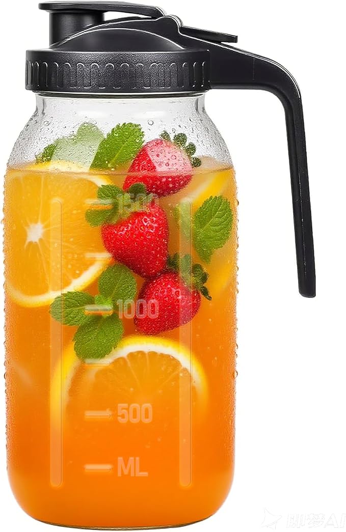 64oz Black Glass Pitcher, 1.95L Capacity, Leak-Proof, Scratch-Resistant, Dishwasher Safe, Modern Design, Ideal for Iced Tea, Coffee, Parties