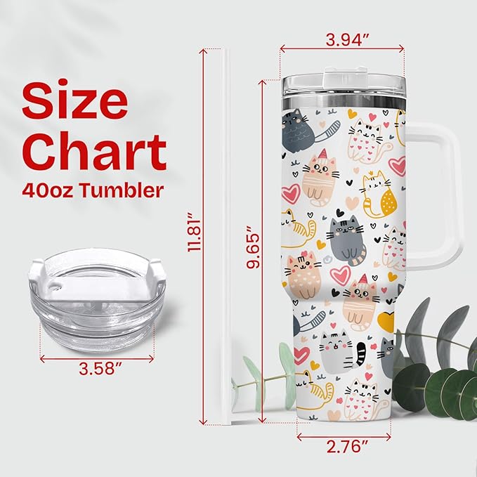 34HD Just A Girl Who Loves Cats Tumbler with Handle and Straw, 40oz Stainless Steel Vacuum Insulated Coffee Mug with Cats, Cat Mom Gifts for Women Birthday Mothers Day Christmas