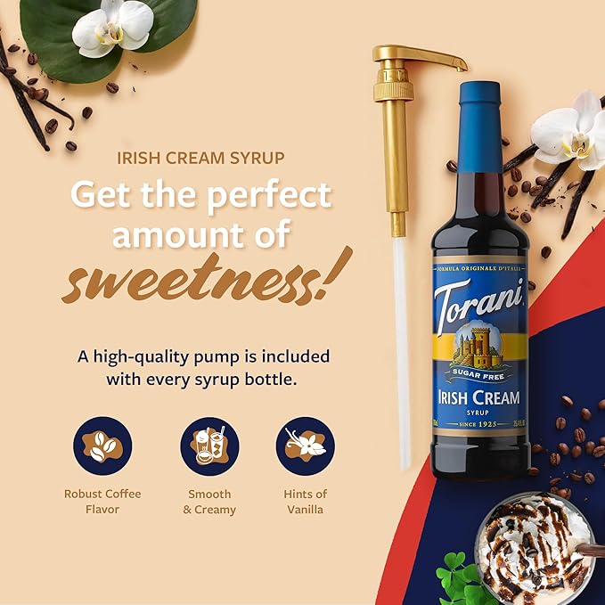 Torani Sugar Free Coffee Syrup, Irish Cream Syrup for Drinks, Zero Calorie, Pump Included, 25.4 Fl Oz