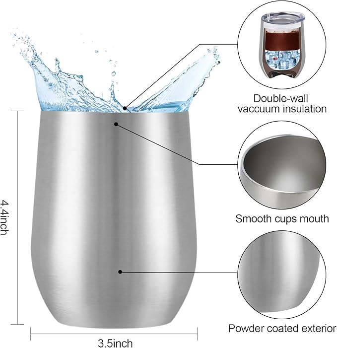 8 Pack 12Oz Stainless Steel Wine Tumblers, Insulated Wine Tumbler, Double Wall Insulated Wine Glass, Stainless Steel Stemless Wine Cups with Lids for Coffee, Wine, Cocktails, Champaign, Silver