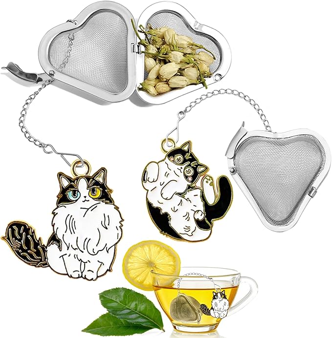 2Pack Ragdoll cat Tea infuser, loose tea strainer, Heart shaped tea ball + cute animal pendant, reusable tea steeper makes afternoon tea meaningful (Cat, 2PCS)