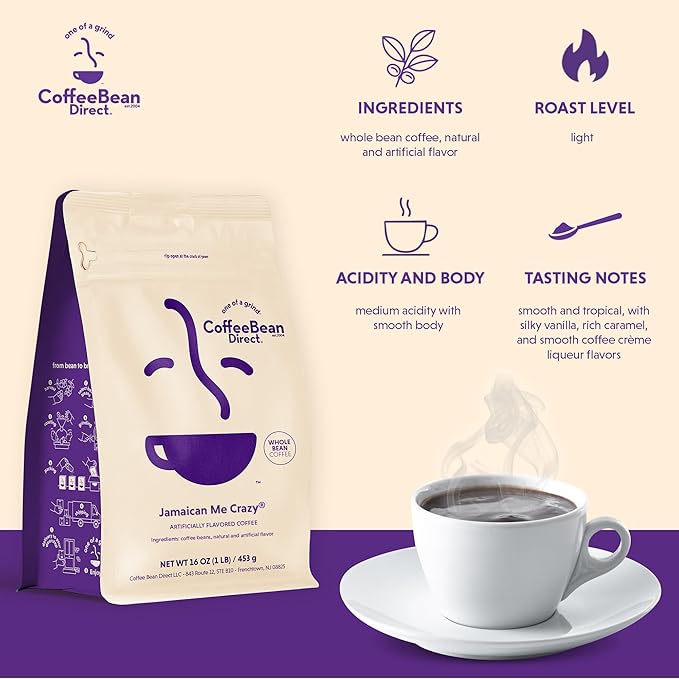 Coffee Bean Direct Jamaican Me Crazy® Flavored, Whole Bean Coffee, 1 Pound Bag (Pack of 1)
