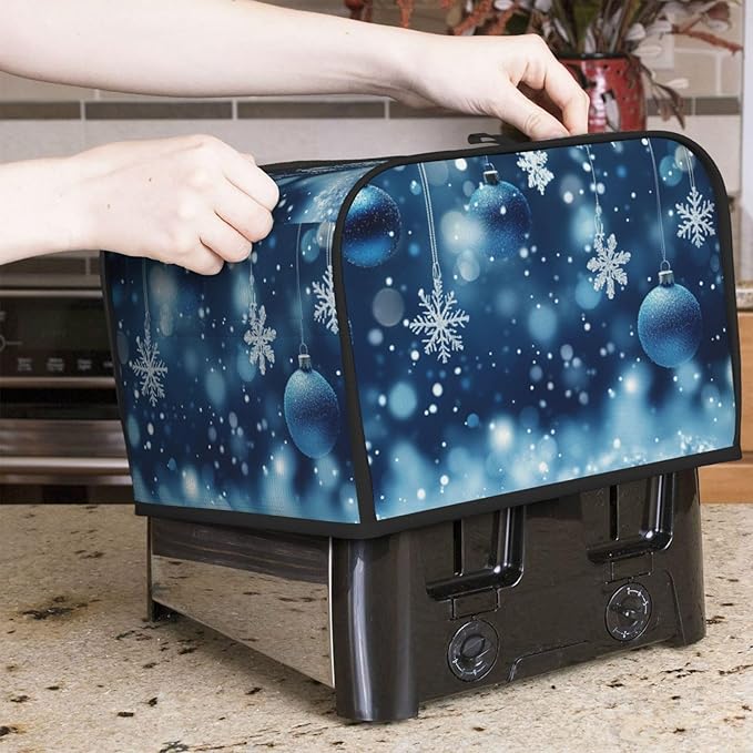 Toaster Cover 4 Slice Christmas Blue Snowflake Ball Kitchen Small Appliance Covers with Pockets Dust and Fingerprint Protection