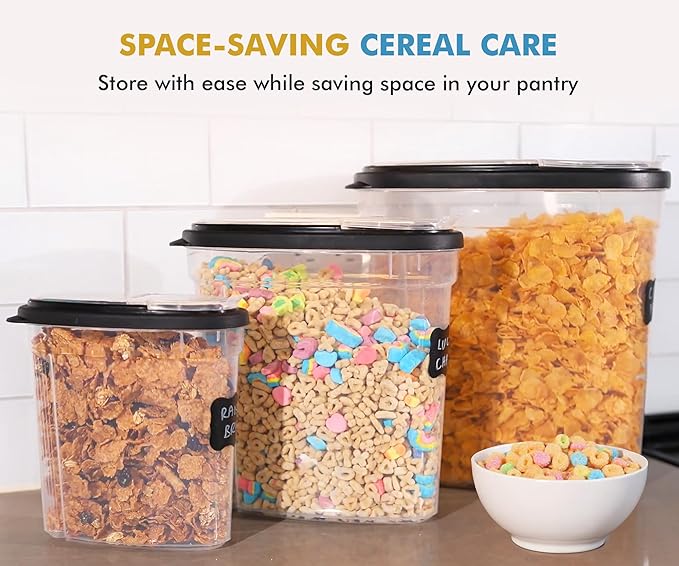 Shazo 3 PC Cereal Container Storage Set (5.2L, 2.8L, 1.2L) - Large Airtight Food Storage Containers with Flip-Top Lids, BPA-Free Plastic Cereal Dispenser for Pantry, Rice, Flour, Sugar & Pasta