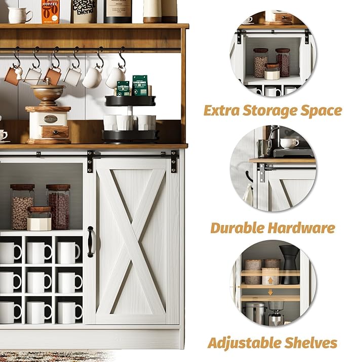 4ever2buy Farmhouse Coffee Bar Cabinet with Hutch, 47 Inch Buffet Cabinet with Storage, White Wine Bar with 9 Wine Racks and 6 Hooks, Coffee Bar Table with Adjustable Shelves for Living Dining Room