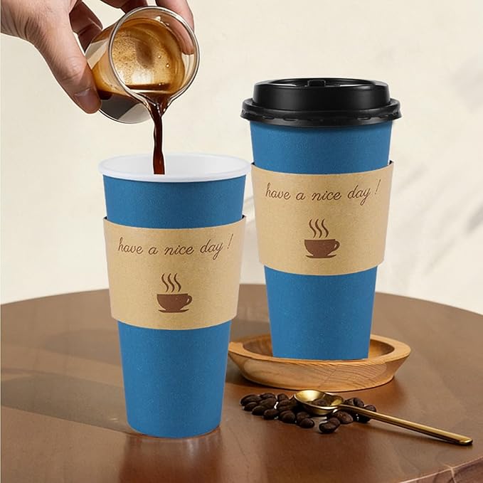 50 Pack 20 oz Coffee Cups with Lids, Disposable To Go Paper Coffee Cups with Sleeves and Stirring Sticks for Hot/Cold Drinks Office Home Shop Event (Navy)
