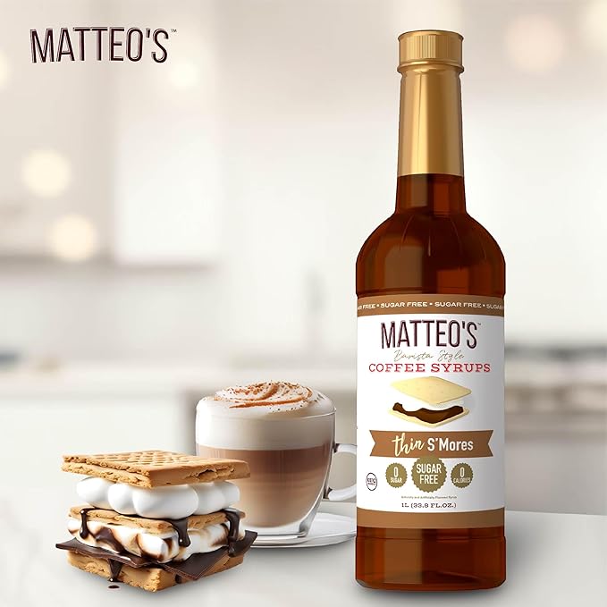 Matteo's S'mores Syrup for Coffee, Lattes, Cappuccinos & Desserts – Sugar-Free Sweetener for Beverages, Keto Friendly, Zero Calories, Indulgent Flavor, Non-Alcoholic, Ideal for Hot Drinks 33.8oz (6pk)