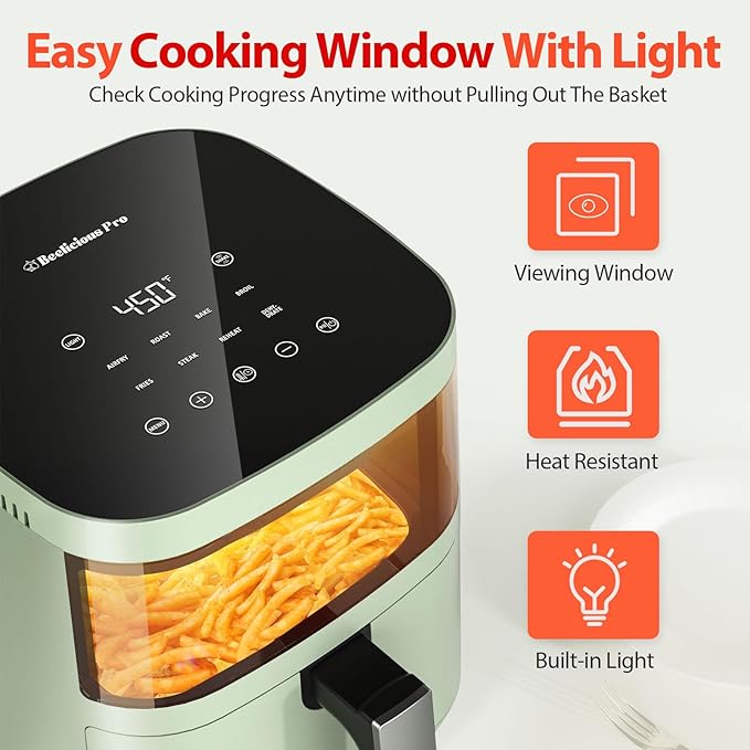 Air Fryer, Beelicious 8-in-1 Smart Compact 4QT Air Fryers with Viewing Window, Shake Reminder, 450°F Digital Airfryer with Flavor-Lock Tech, Dishwasher-Safe & Nonstick, Fit for 1-3 People, Avo Green