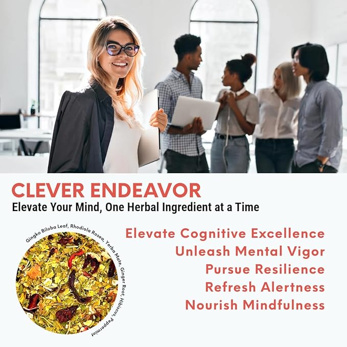 Pure And Easy Tea, Clever Endeavor, Mental Focus & Clarity Tea, Caffeinated Loose Leaf Blend with Ginkgo Biloba & Yerba Mate (100g)