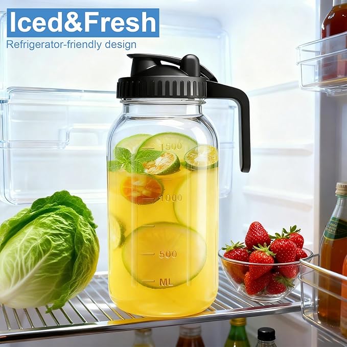 Glass Pitcher Carafes with Lid and Handle, 64oz Water Pitcher Mason Jar, Leakproof Fridge Glass Jug, Large Water Carafe for Coffee, Lemonade, Iced Tea, Beverage, Juice