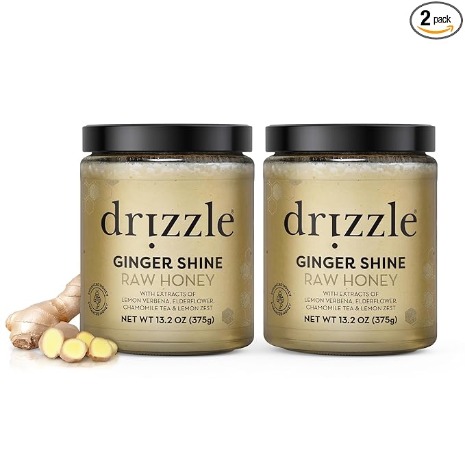 Drizzle Ginger Shine Raw Honey - All Natural Pure Raw Honey with Organic Ginger, Unfiltered & Unheated, Use in Tea & Coffee, Sugar Substitute, Certified Kosher - 13.2 oz Jar (375 g), Pack of 2
