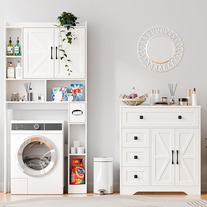 Vabches Farmhouse Storage Cabinet with 2 Doors and 4 Drawers, Freestanding Bathroom Storage Cabinet Kitchen Pantry, Floor Hutch Cupboard for Living Room/Bathroom/Kitchen,(Unique White)