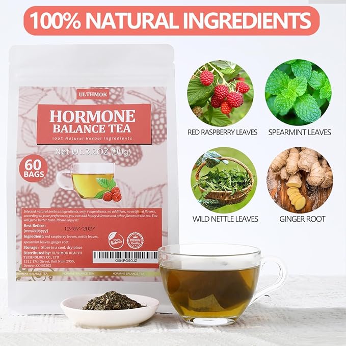 Premium 60 Hormone Balance Tea Bags, Made with 100% Natural Herbal Ingredients, Red Raspberry Leaves, Menstrual Cycle Support, No Artificial Flavors & Caffeine Free.