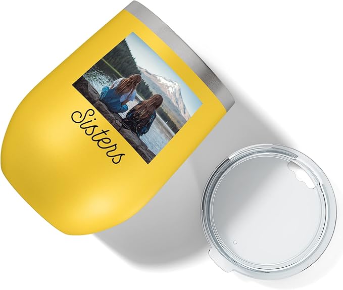Personalized 12oz (17 Colors) Mother's Day Photo Picture Printed Insulated Stainless Steel Powder Coated Stemless Wine Tumbler with Lid, Customized Gift Idea for Her, Coach Gifts Team Mom Dad (Yellow)