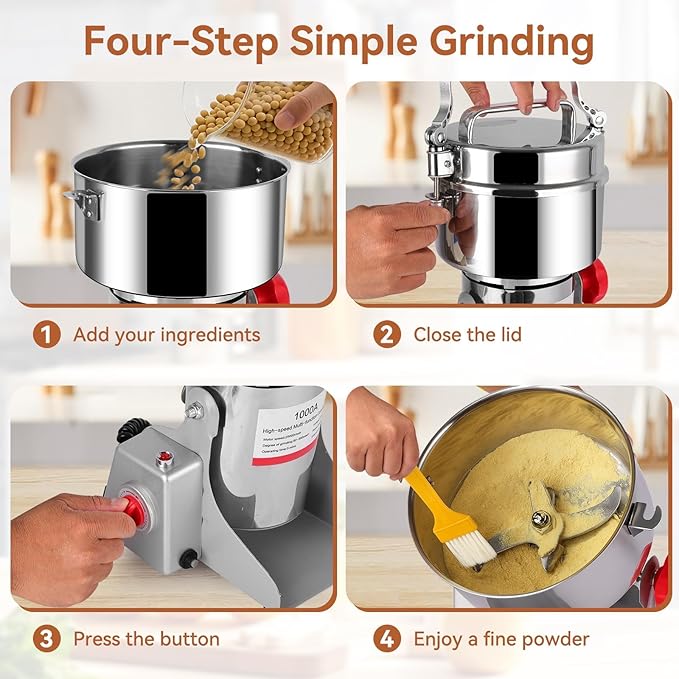 Electric Grain Mill, 1000g Stainless Steel Mill, 3000W High Speed Commercial Grinder Machine, Pulverizer Spice Herb Grinder for Dry Grains Cereals Coffee Corn Pepper, Swing Type