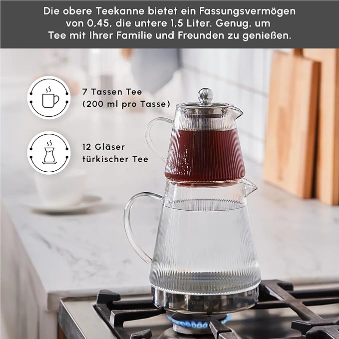 Karaca Keops Turkish Teapot with Infuser and Lid (450 ml Tea Pot & 1500 ml Induction Kettle) - Borosilicate Glass Teapot Set for Stovetops - Clear Tea Maker with 10-15 Cups Capacity