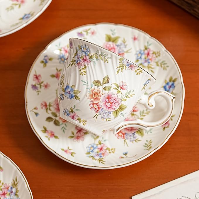 Tea Set 21-Piece Ceramic tea cups and saucers set of 6 with Sugar and Creamer Set,Teapot,teapot set for Adults, Women Tea Party (small crushed flower)
