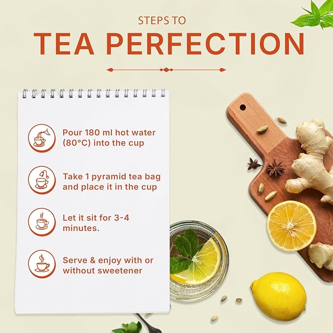 Lemon Ginger Green Tea Bags (50 Count), Green Tea with Orange Peel, Black Pepper & Mint Extract, Caffeinated, Real and Natural Green Tea, Blended with Fresh Herbs and Spices, Gluten Free