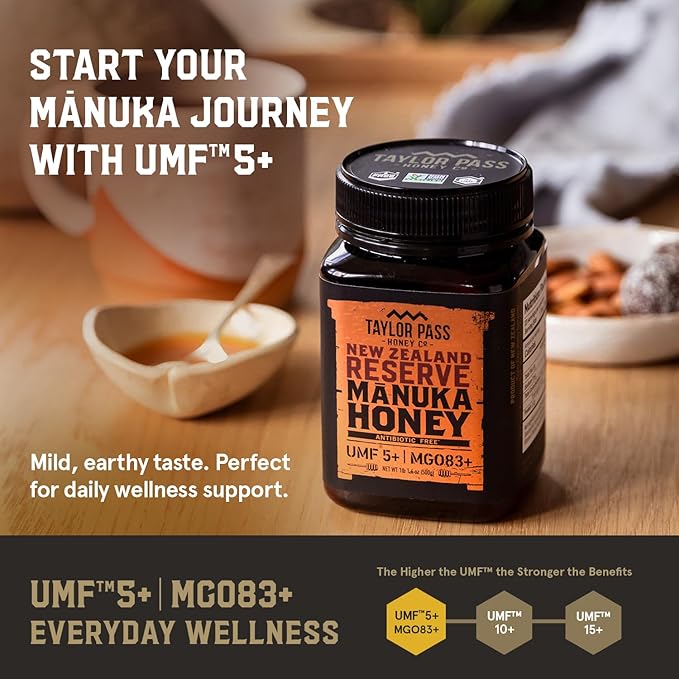 Taylor Pass Honey Co Manuka Honey UMF 5+ MGO 83+ | Monofloral New Zealand Honey | Sustainable, Non-GMO, Halal, UMF Certified | BPA-Free Jar | 500g 1lb 1.6 Oz