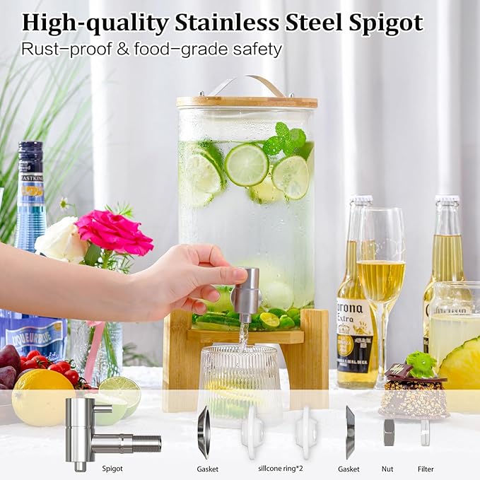 1.2 Gallon Large Glass Drink Dispenser For Parties, Beverage Dispenser with Bamboo Wood Stand and Stainless Steel Spigot, Juice, Lemonade, Water jug dispenser, Laundry Detergent Dispenser (1 PACK)
